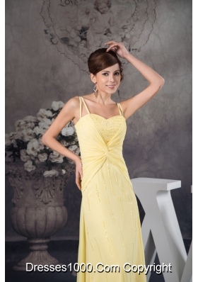 Beaded and Ruched Light Yellow Prom Dresses with Spaghetti Straps