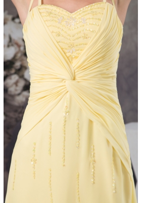 Beaded and Ruched Light Yellow Prom Dresses with Spaghetti Straps