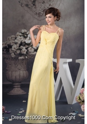 Beaded and Ruched Light Yellow Prom Dresses with Spaghetti Straps