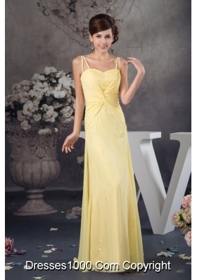 Beaded and Ruched Light Yellow Prom Dresses with Spaghetti Straps