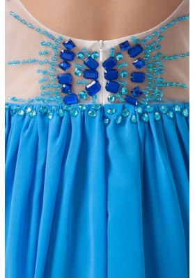 Beaded and Ruched Off Shoulder Blue Chiffon Prom Celebrity Dress