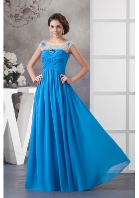 Beaded and Ruched Off Shoulder Blue Chiffon Prom Celebrity Dress