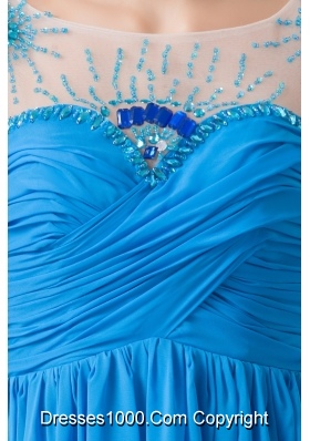 Beaded and Ruched Off Shoulder Blue Chiffon Prom Celebrity Dress