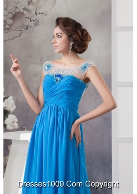 Beaded and Ruched Off Shoulder Blue Chiffon Prom Celebrity Dress