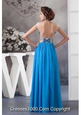 Beaded and Ruched Off Shoulder Blue Chiffon Prom Celebrity Dress