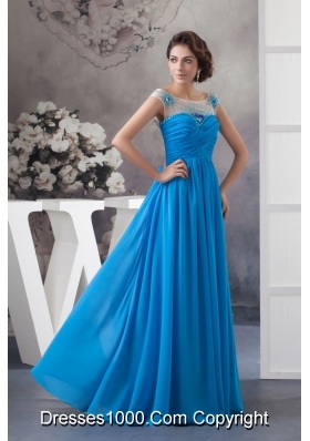 Beaded and Ruched Off Shoulder Blue Chiffon Prom Celebrity Dress