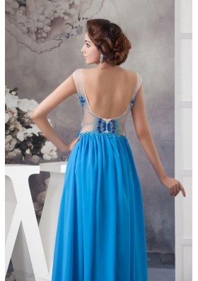 Beaded and Ruched Off Shoulder Blue Chiffon Prom Celebrity Dress