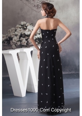 Beaded Black Halter Long Prom Graduation Dress with Plunging Neck