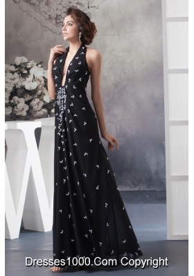 Beaded Black Halter Long Prom Graduation Dress with Plunging Neck