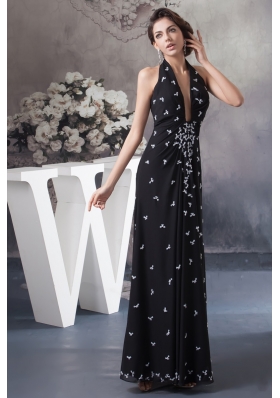 Beaded Black Halter Long Prom Graduation Dress with Plunging Neck