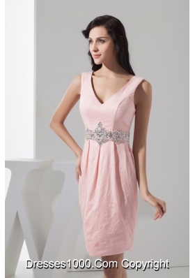 Beading Accent Waist Pink V-neck Mini-length Prom Gown Dress