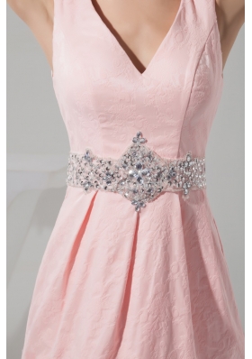 Beading Accent Waist Pink V-neck Mini-length Prom Gown Dress