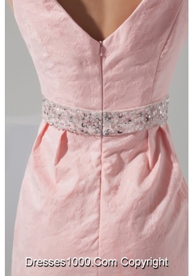 Beading Accent Waist Pink V-neck Mini-length Prom Gown Dress