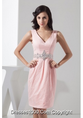 Beading Accent Waist Pink V-neck Mini-length Prom Gown Dress