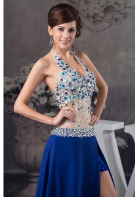 Blue Halter Prom Dresses with Rhinestone and Sheer Waist in Vogue