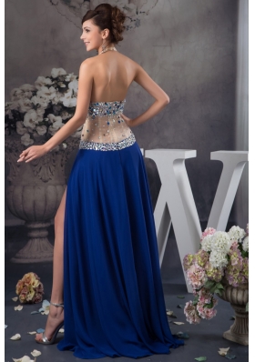 Blue Halter Prom Dresses with Rhinestone and Sheer Waist in Vogue