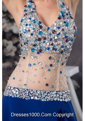 Blue Halter Prom Dresses with Rhinestone and Sheer Waist in Vogue