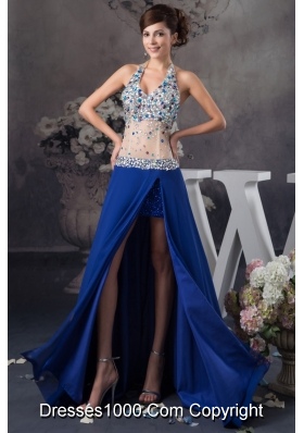 Blue Halter Prom Dresses with Rhinestone and Sheer Waist in Vogue