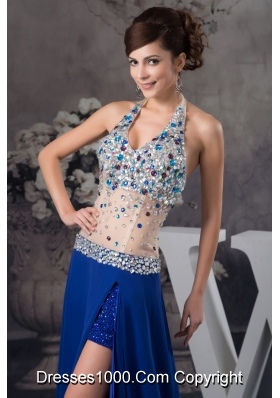 Blue Halter Prom Dresses with Rhinestone and Sheer Waist in Vogue