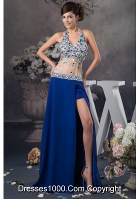 Blue Halter Prom Dresses with Rhinestone and Sheer Waist in Vogue