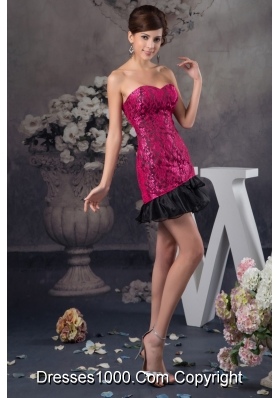 Hot Pink and Black Lace and Organza Mini-length Prom Dresses