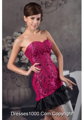 Hot Pink and Black Lace and Organza Mini-length Prom Dresses