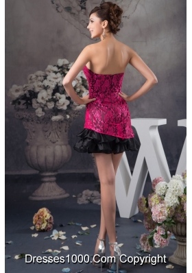 Hot Pink and Black Lace and Organza Mini-length Prom Dresses