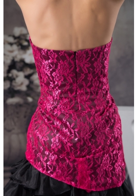 Hot Pink and Black Lace and Organza Mini-length Prom Dresses