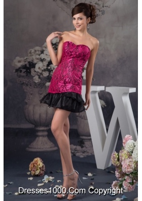 Hot Pink and Black Lace and Organza Mini-length Prom Dresses