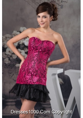 Hot Pink and Black Lace and Organza Mini-length Prom Dresses