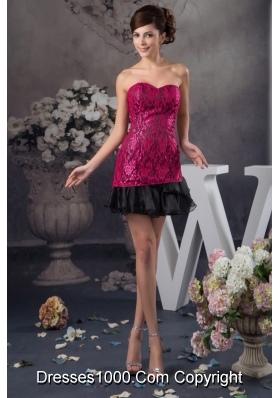Hot Pink and Black Lace and Organza Mini-length Prom Dresses
