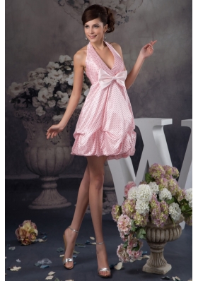 Pick-Ups and Bowknot Accent Pink Halter Prom Gown Dress 2013