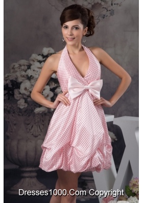 Pick-Ups and Bowknot Accent Pink Halter Prom Gown Dress 2013