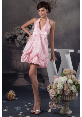 Pick-Ups and Bowknot Accent Pink Halter Prom Gown Dress 2013