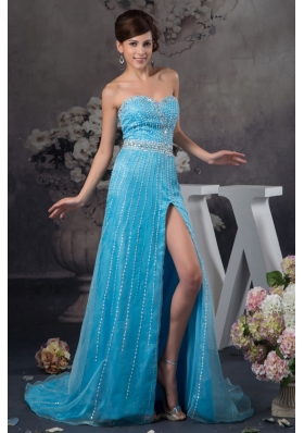 Popular Beaded Aqua Blue Brush Train Prom Dresses with High Slit