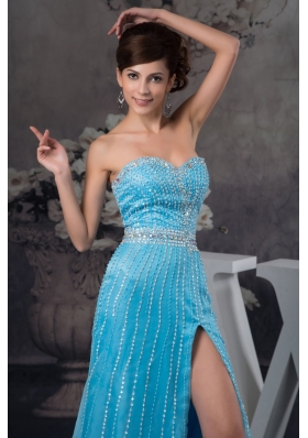 Popular Beaded Aqua Blue Brush Train Prom Dresses with High Slit