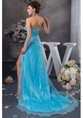 Popular Beaded Aqua Blue Brush Train Prom Dresses with High Slit