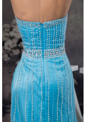 Popular Beaded Aqua Blue Brush Train Prom Dresses with High Slit