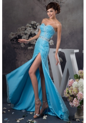 Popular Beaded Aqua Blue Brush Train Prom Dresses with High Slit