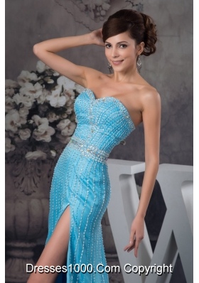 Popular Beaded Aqua Blue Brush Train Prom Dresses with High Slit