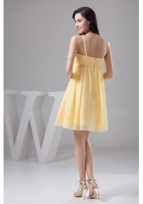 Ruched and Floral Mini-length Prom Gown Dress in Light Yellow