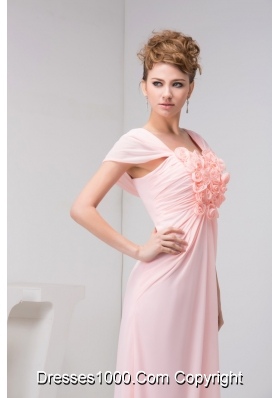 Ruches and Flowers Accent Pink Prom Graduation Dress Short Sleeves