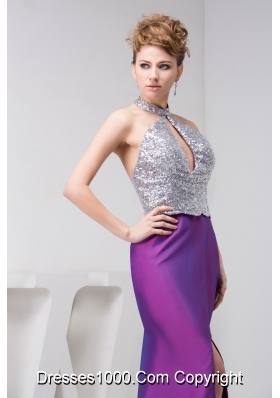 Silver and Eggplant Purple Prom Graduation Dress with Cutout