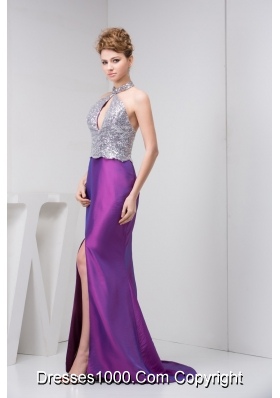 Silver and Eggplant Purple Prom Graduation Dress with Cutout