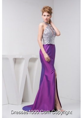 Silver and Eggplant Purple Prom Graduation Dress with Cutout