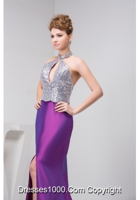 Silver and Eggplant Purple Prom Graduation Dress with Cutout