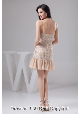 Spaghetti Straps Beading Mini-length Champagne Prom Gown Dress