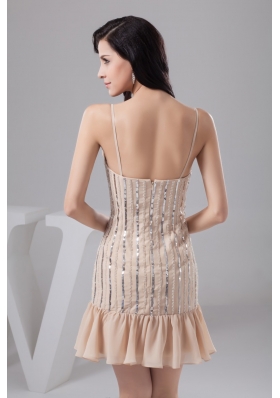 Spaghetti Straps Beading Mini-length Champagne Prom Gown Dress