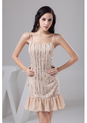 Spaghetti Straps Beading Mini-length Champagne Prom Gown Dress