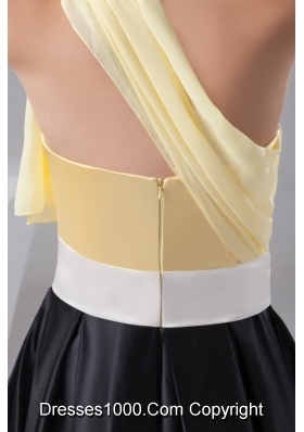 Yellow and Black Knee-length Prom Cocktail Dress of One Shoulder